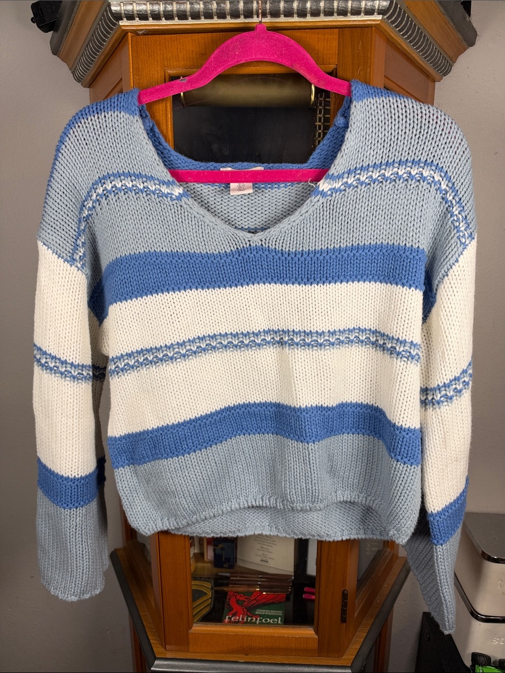 Sincerly Jules Striped V-Neck Sweater in Light Blue and White